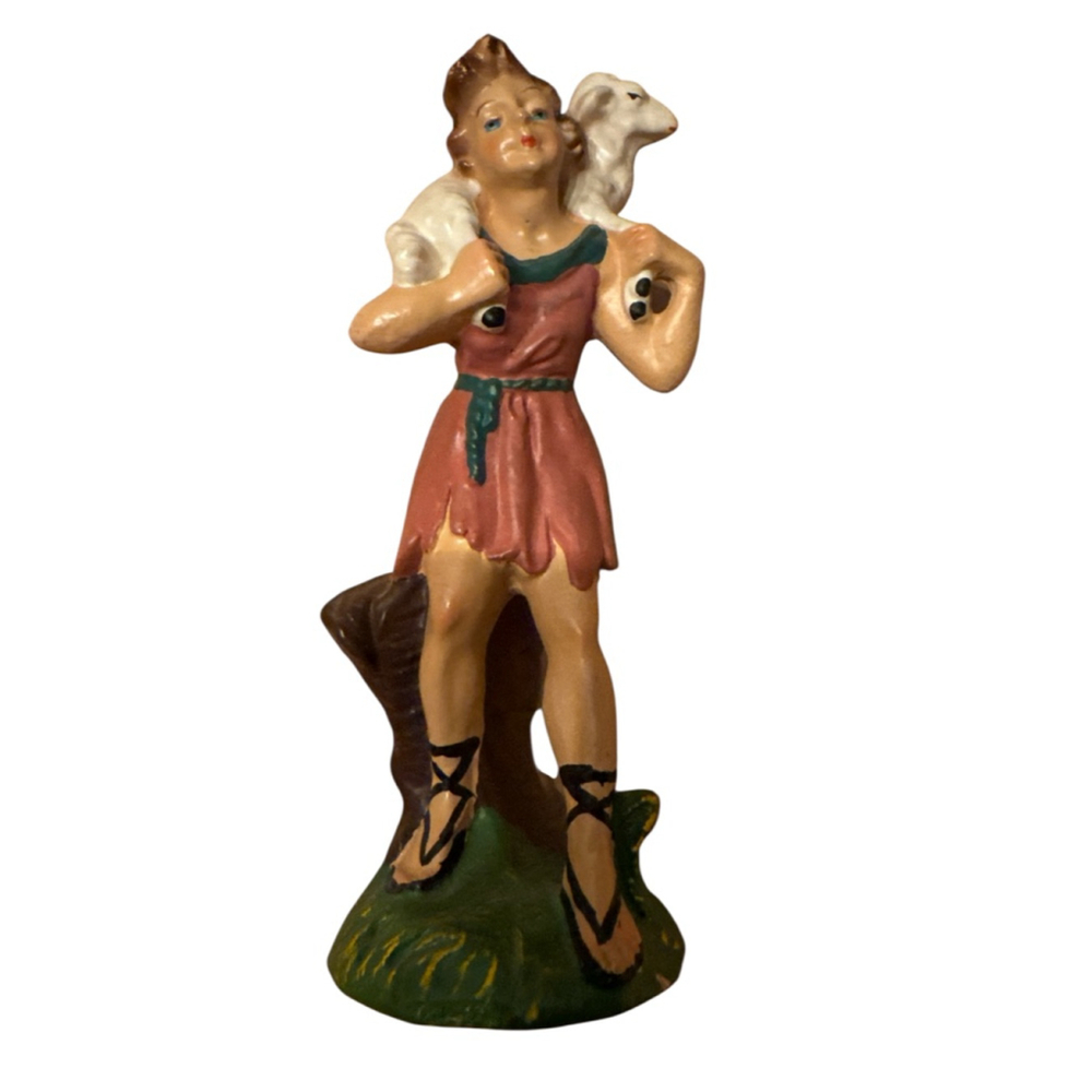 Vintage Mcm Italy Shepherd with Lamb Sculpture Brown Green
